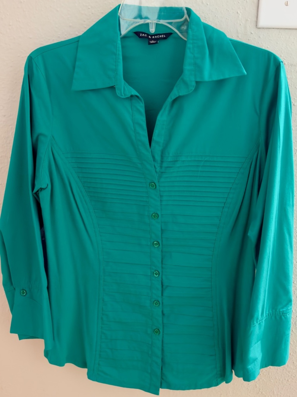 Zac & Rachel Teal Mixed Media Pleated Button Down Blouse - Size Large